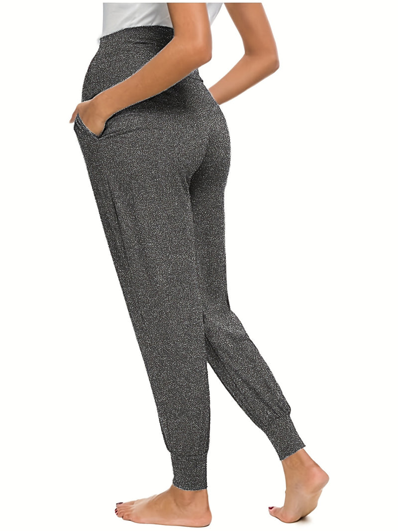 Comfy & Stretchy High Waist Tummy Support Maternity Loose Yoga Pants, Pregnant Women's Mid Stretch Joggers For Spring Fall