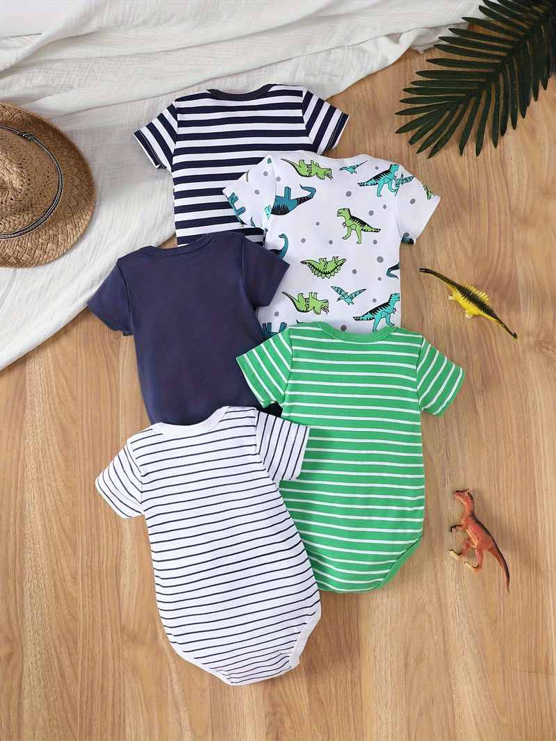 5pcs Baby's Marine Style Cotton Bodysuit, Casual Short Sleeve Romper, Toddler & Infant Boy's Outdoor Clothing