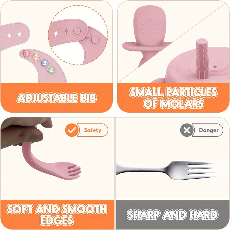 Conjunto de Alimentação de Silicone sem BPA de 10 Peças para Crianças, Estampa de Animal Rosa, Inclui Divisórias com Ventosa, Colher, Garfo, Caneca com Palhinha, Babador, Seguro para Micro-ondas e Forno, Suprimentos para Alimentação Dirigida pelo Bebê