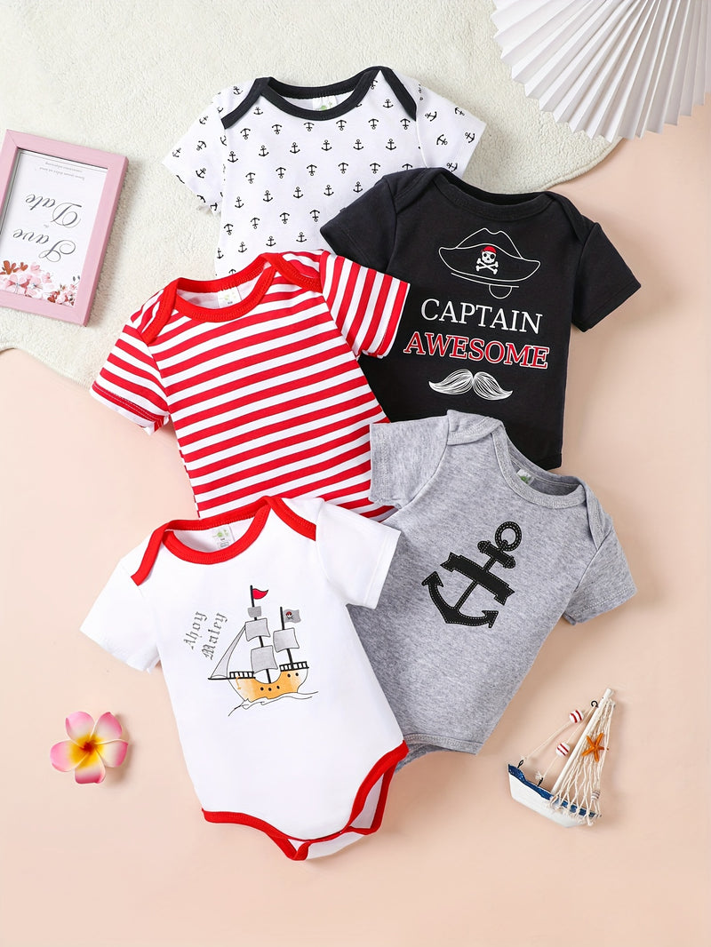 5pcs Baby's Marine Style Cotton Bodysuit, Casual Short Sleeve Romper, Toddler & Infant Boy's Outdoor Clothing