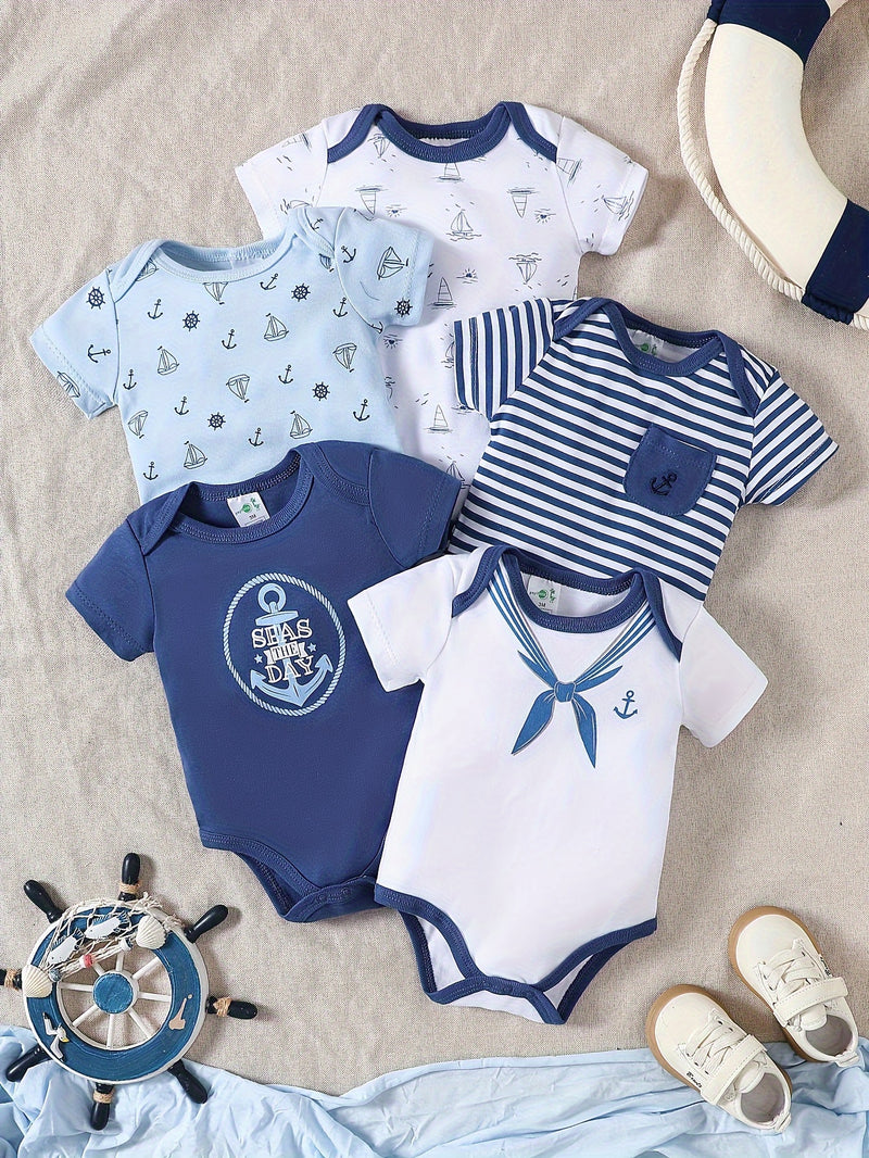 5pcs Baby's Marine Style Cotton Bodysuit, Casual Short Sleeve Romper, Toddler & Infant Boy's Outdoor Clothing