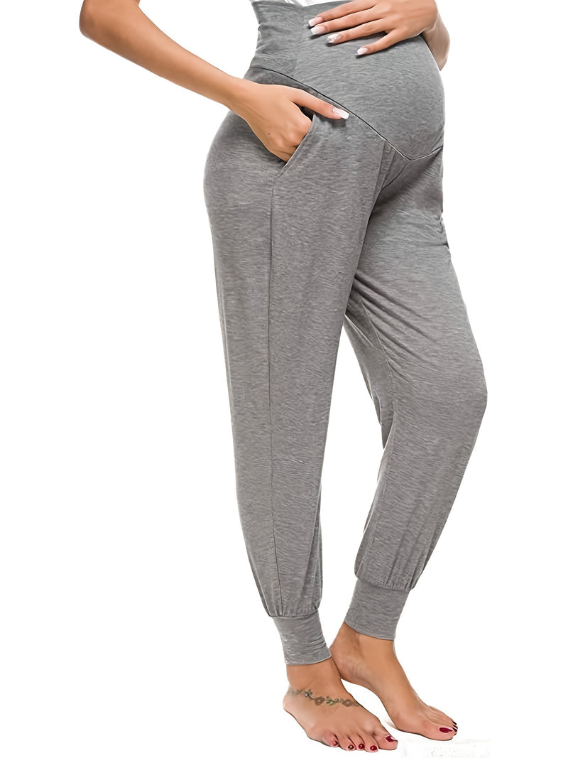 Comfy & Stretchy High Waist Tummy Support Maternity Loose Yoga Pants, Pregnant Women's Mid Stretch Joggers For Spring Fall