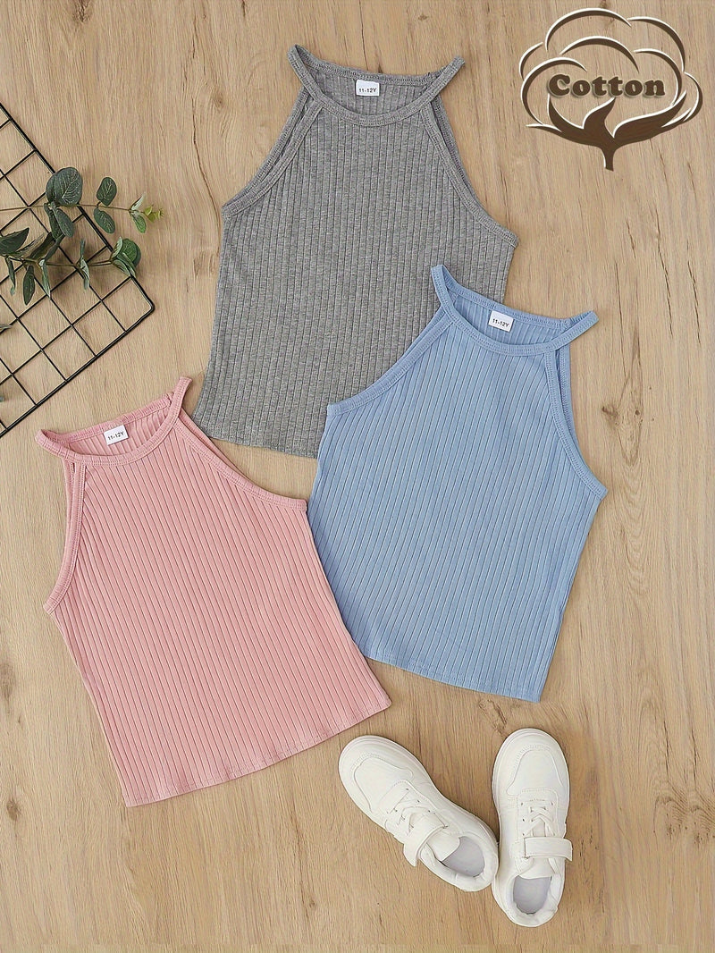 3pcs Comfy Cotton Tank Tops Sets, Solid Sleeveless Cami Tank Top For Summer Sports Girls Kids Clothes