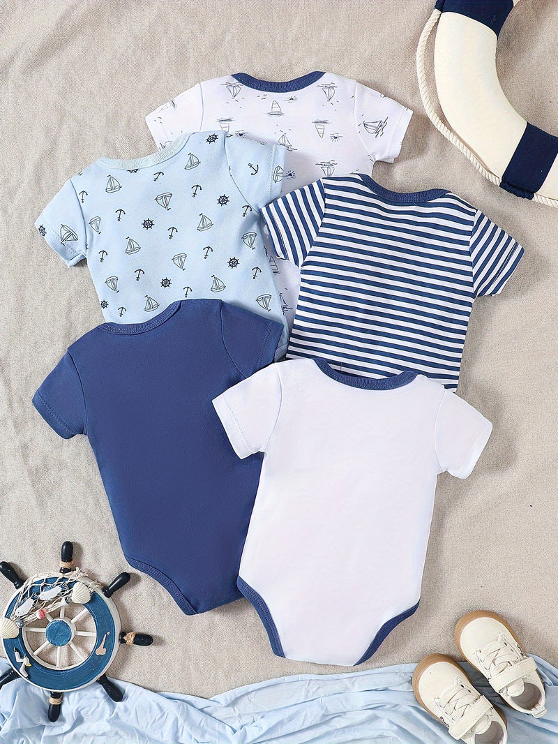 5pcs Baby's Marine Style Cotton Bodysuit, Casual Short Sleeve Romper, Toddler & Infant Boy's Outdoor Clothing