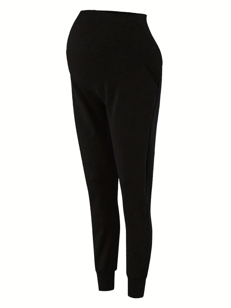 Comfy & Stretchy High Waist Tummy Support Maternity Loose Yoga Pants, Pregnant Women's Mid Stretch Joggers For Spring Fall