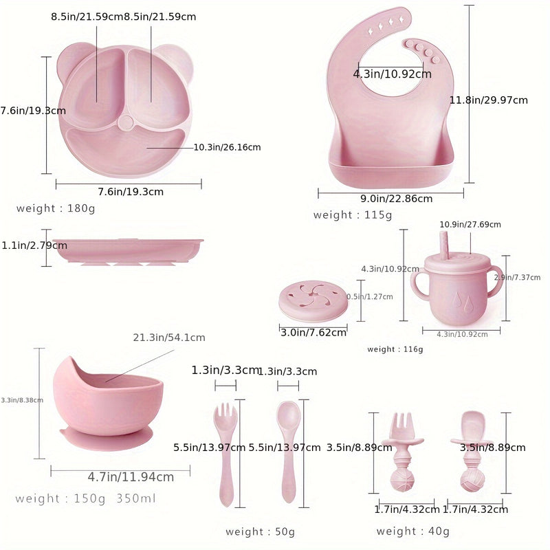 Conjunto de Alimentação de Silicone sem BPA de 10 Peças para Crianças, Estampa de Animal Rosa, Inclui Divisórias com Ventosa, Colher, Garfo, Caneca com Palhinha, Babador, Seguro para Micro-ondas e Forno, Suprimentos para Alimentação Dirigida pelo Bebê