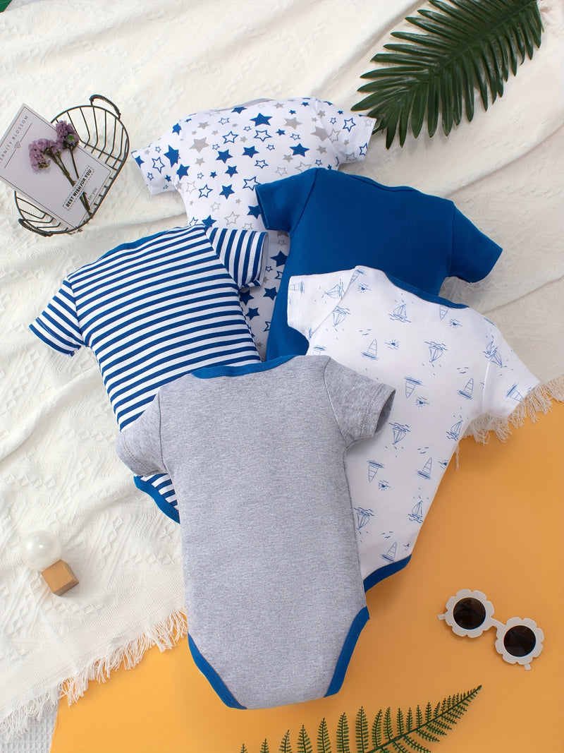 5pcs Baby's Marine Style Cotton Bodysuit, Casual Short Sleeve Romper, Toddler & Infant Boy's Outdoor Clothing