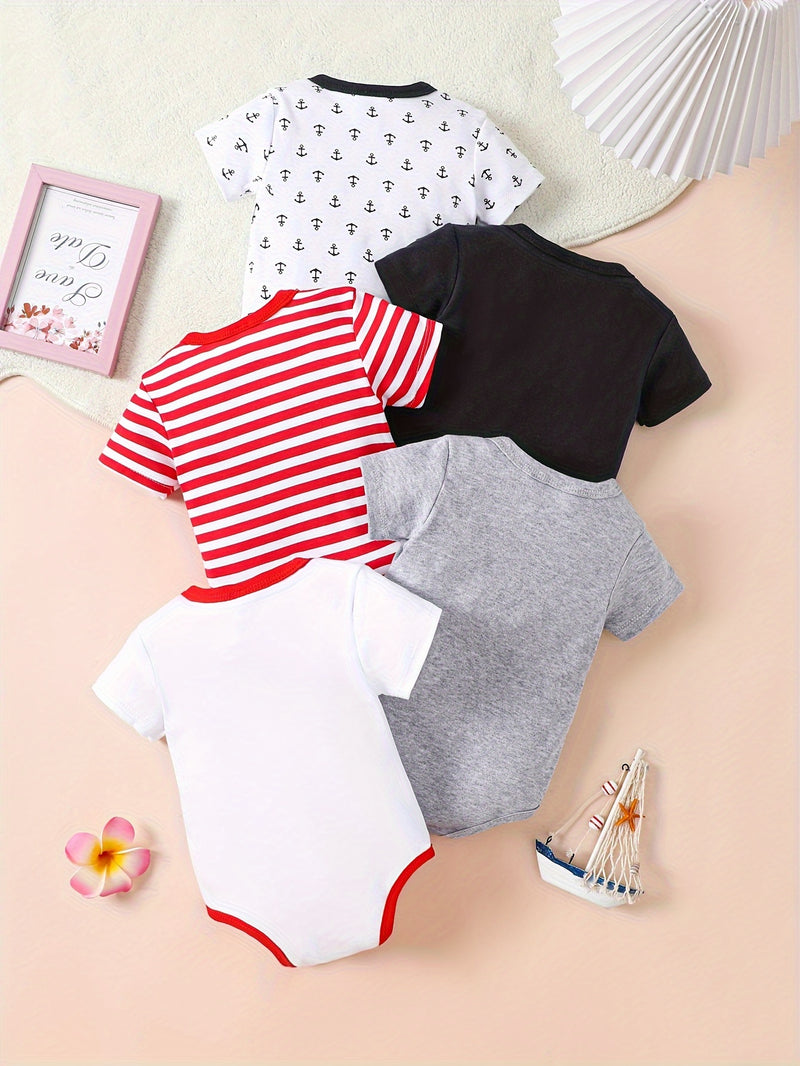 5pcs Baby's Marine Style Cotton Bodysuit, Casual Short Sleeve Romper, Toddler & Infant Boy's Outdoor Clothing
