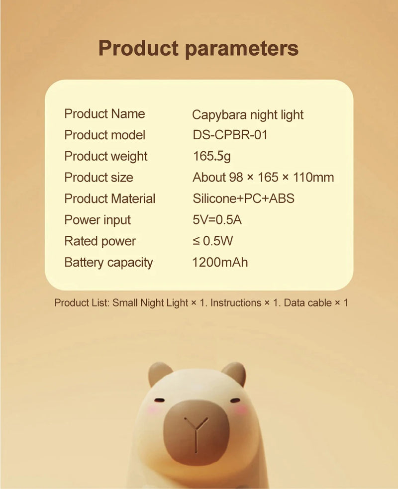 Luz Noturna em formato de Capivara fofinha para quarto de criança
