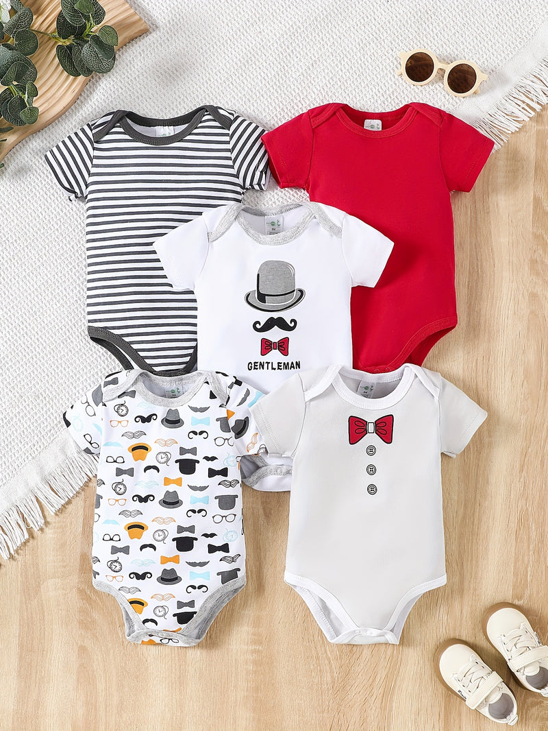 5pcs Baby's Marine Style Cotton Bodysuit, Casual Short Sleeve Romper, Toddler & Infant Boy's Outdoor Clothing