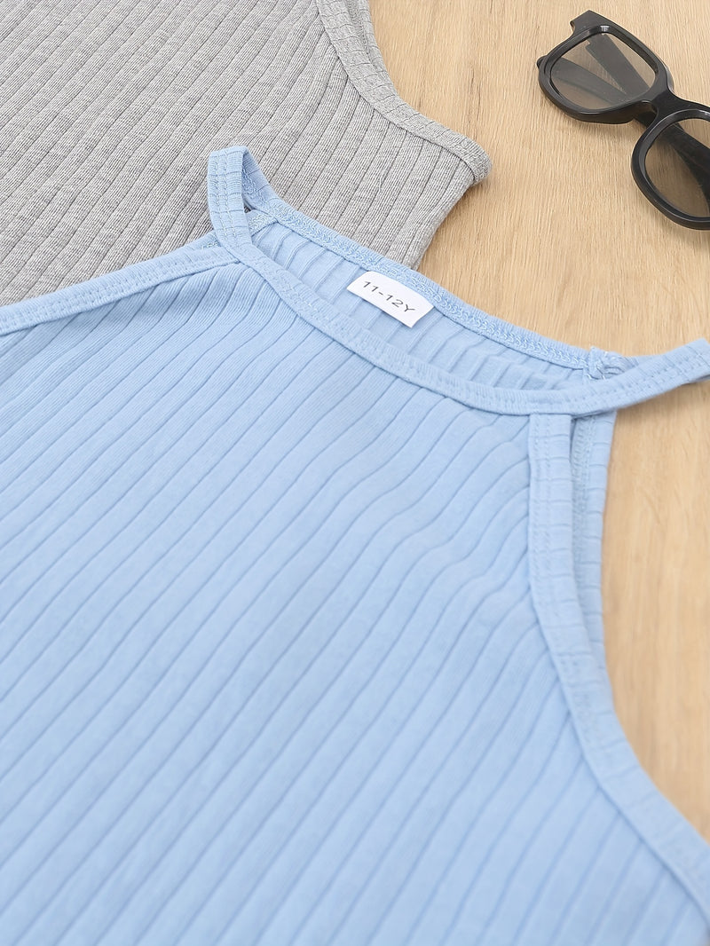 3pcs Comfy Cotton Tank Tops Sets, Solid Sleeveless Cami Tank Top For Summer Sports Girls Kids Clothes