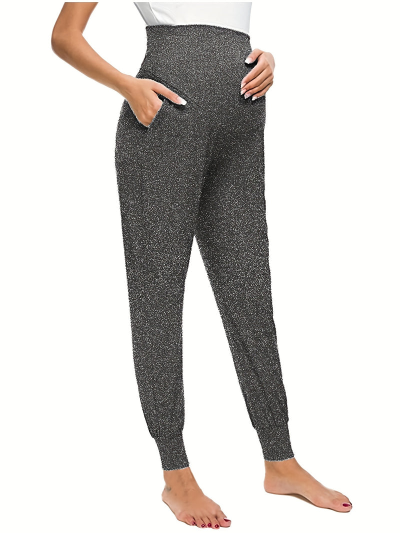 Comfy & Stretchy High Waist Tummy Support Maternity Loose Yoga Pants, Pregnant Women's Mid Stretch Joggers For Spring Fall