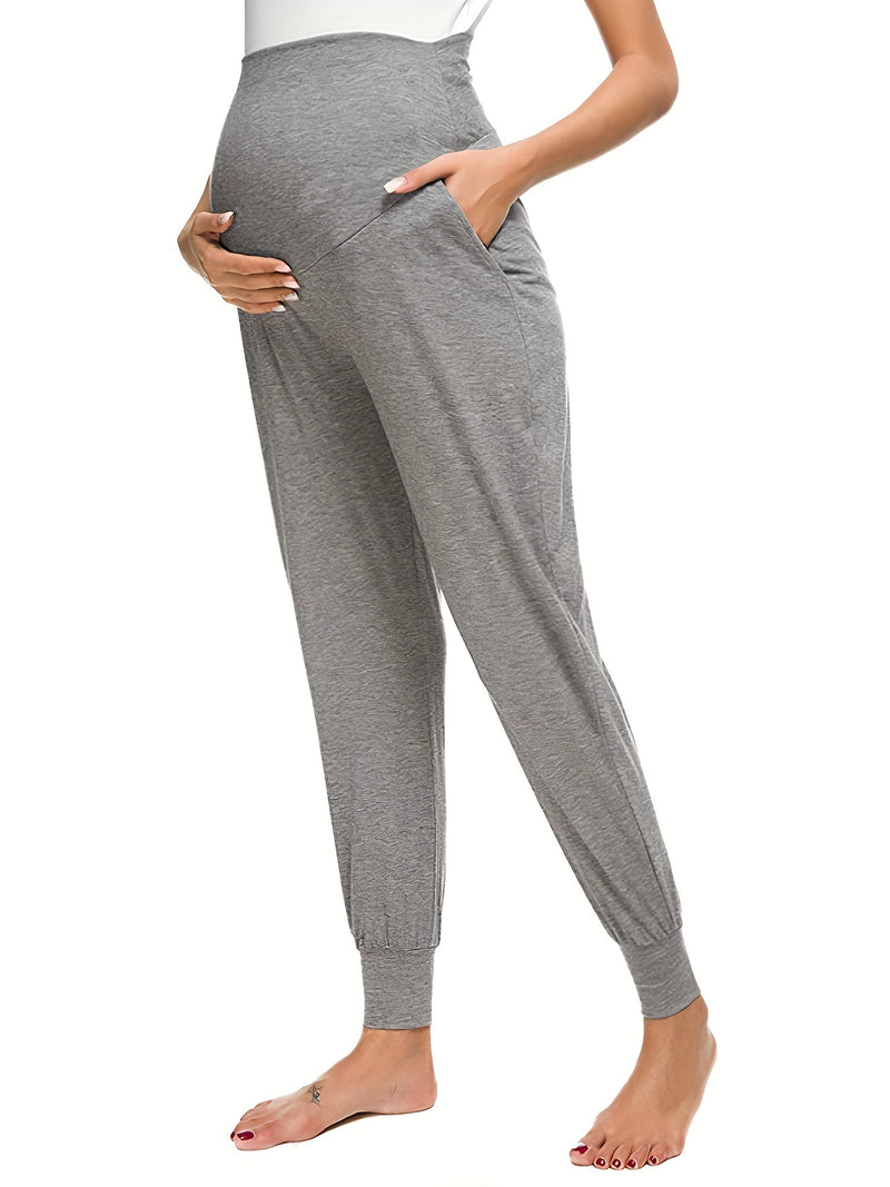 Comfy & Stretchy High Waist Tummy Support Maternity Loose Yoga Pants, Pregnant Women's Mid Stretch Joggers For Spring Fall