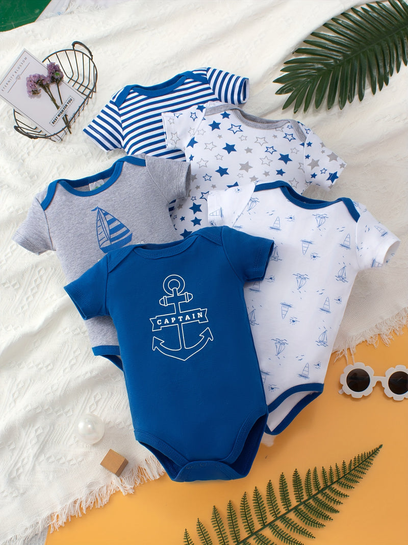 5pcs Baby's Marine Style Cotton Bodysuit, Casual Short Sleeve Romper, Toddler & Infant Boy's Outdoor Clothing
