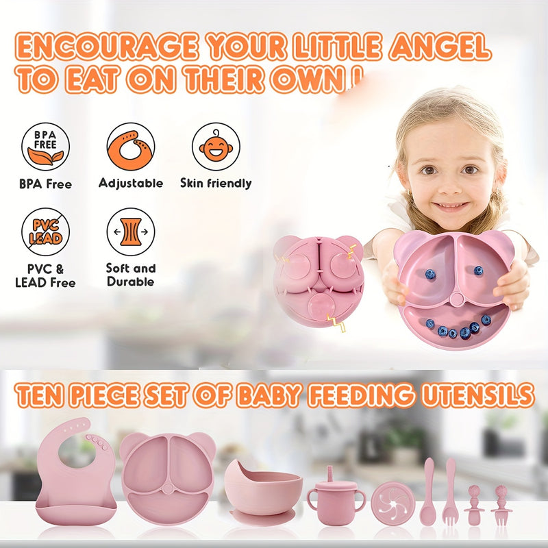 Conjunto de Alimentação de Silicone sem BPA de 10 Peças para Crianças, Estampa de Animal Rosa, Inclui Divisórias com Ventosa, Colher, Garfo, Caneca com Palhinha, Babador, Seguro para Micro-ondas e Forno, Suprimentos para Alimentação Dirigida pelo Bebê