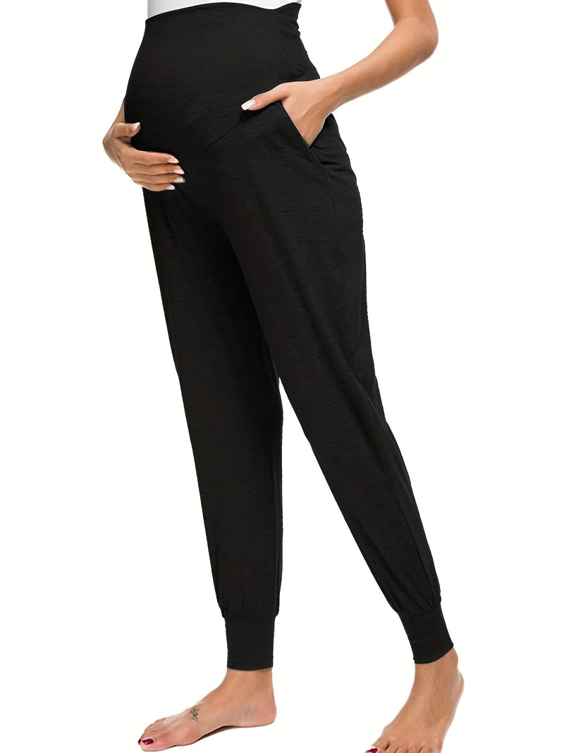 Comfy & Stretchy High Waist Tummy Support Maternity Loose Yoga Pants, Pregnant Women's Mid Stretch Joggers For Spring Fall