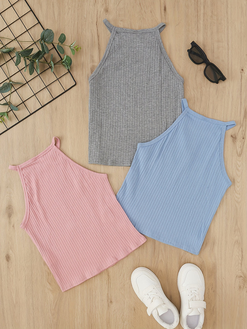 3pcs Comfy Cotton Tank Tops Sets, Solid Sleeveless Cami Tank Top For Summer Sports Girls Kids Clothes
