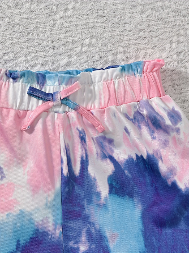 2sets Girls Tie Dye Fake Button Crop Tank Top & Paperbag Waist Bow Shorts For Twin Kids Summer Outdoor Clothes