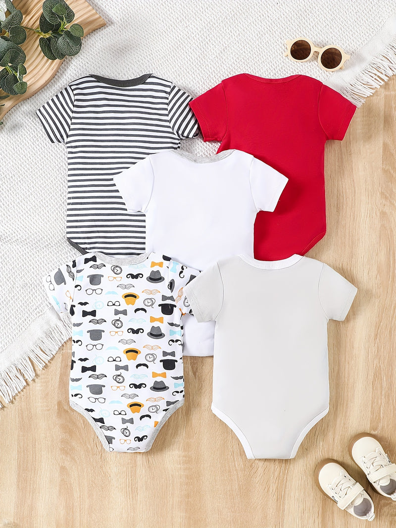 5pcs Baby's Marine Style Cotton Bodysuit, Casual Short Sleeve Romper, Toddler & Infant Boy's Outdoor Clothing